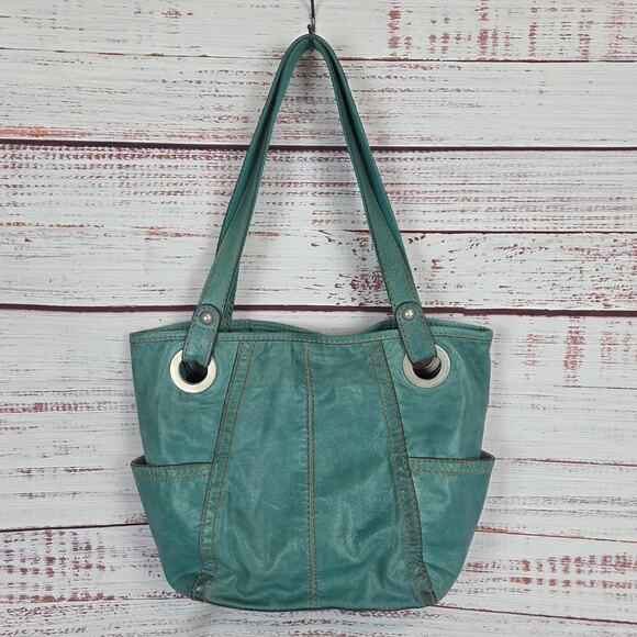 Fossil Teal Leather Tote Dual Strap Carryall Purse Pockets Western Casual Grunge - Picture 1 of 13